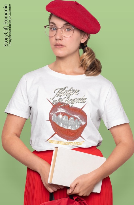 Дамска тениска Red Lips with Shiny Teeth Текст Reasons to Be Rich с щампа върху лицето, 100% памук, бяло, M