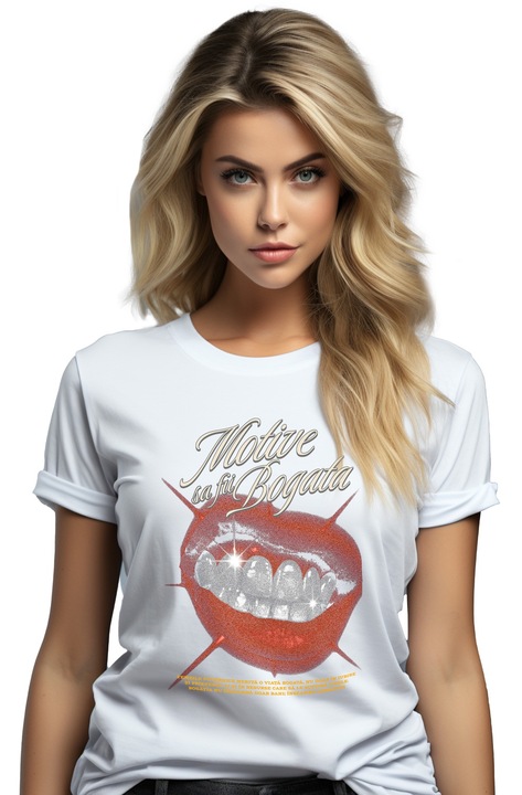 Дамска тениска Red Lips with Shiny Teeth Текст Reasons to Be Rich с щампа върху лицето, 100% памук, бяло, M