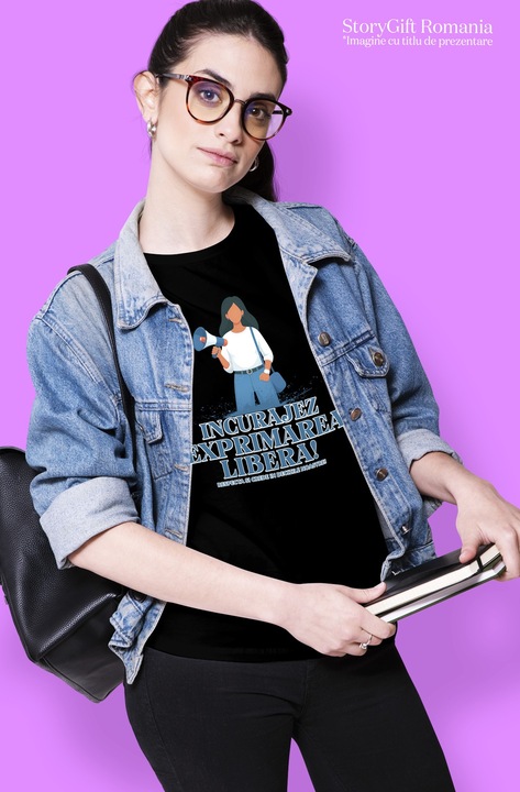 Дамска тениска с мегафон, мотивиращо послание I Encourage Free Expression, щампа отпред, 100% памук, черно, M