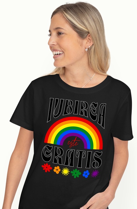 Tricou Femei Iubirea este gratis curcubeu flori colorate cu imprimeu pe Fata, 100% Bumbac, Negru, L