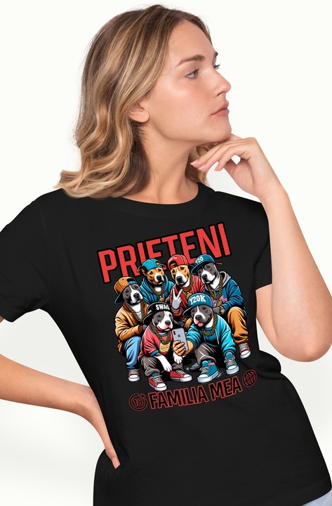 Дамски My Friends My Family Gangster Dogs I Love Face Print 100% памук Черен S