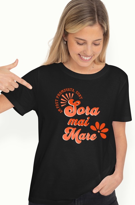 Tricou Femei Am fost promovata sora mai mare familie surori cu imprimeu pe Fata, 100% Bumbac, Negru, XS