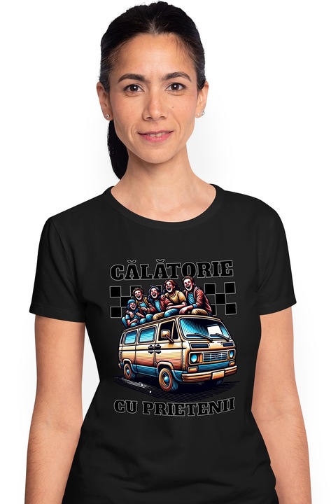 Tricou Femei Calatorie cu prietenii, aventura, camping cu imprimeu pe Fata, 100% Bumbac, Negru, S