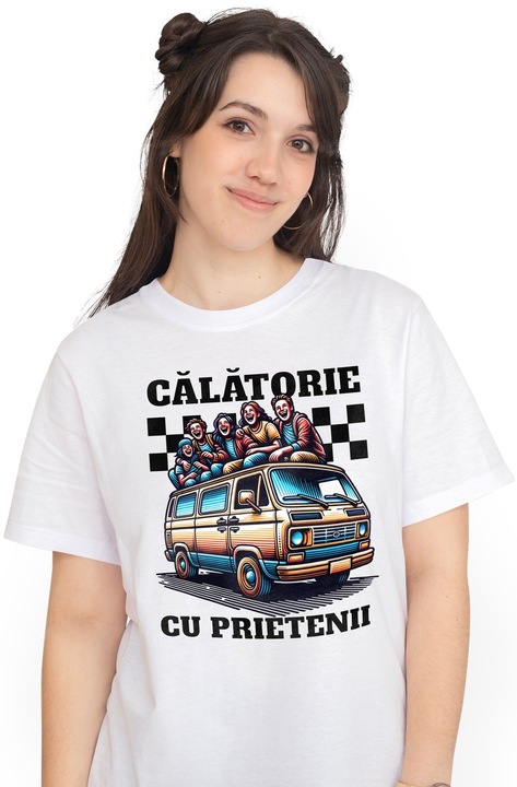 Tricou Femei Calatorie cu prietenii, aventura, camping cu imprimeu pe Fata, 100% Bumbac, Alb, XS