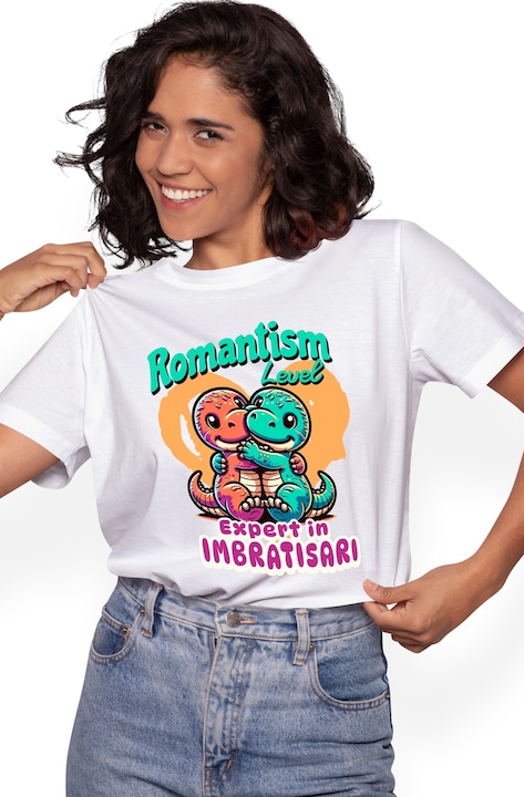 Női dinoszauruszok ölelő romantikus szerelmes család póló arcnyomattal, 100% pamut, fehér, XL