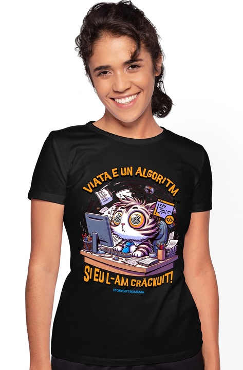 Tricou Femei Pisica La Calculator Viata e un algoritm, si eu l-am crackuit! cu imprimeu pe Fata, 100% Bumbac, Negru, L