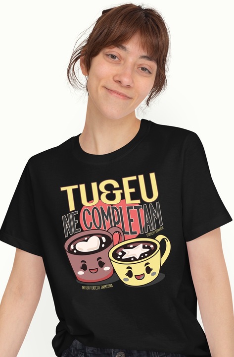Tricou Femei Pereche perfecta ne completam cuplu iubire cu imprimeu pe Fata, 100% Bumbac, Negru, L