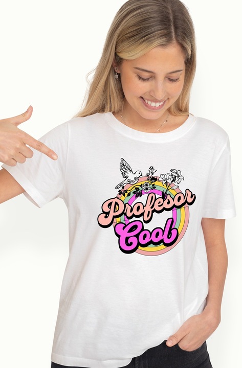 Női póló Teacher Cool oktatási iskolás gyerekek arcnyomattal, 100% pamut, fehér, S