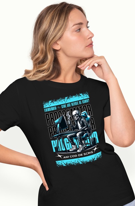 Tricou Femei Schelete cu Cana De Cafea La birou Cine are nevoie de somn Eu am cod de scris cu imprimeu pe Fata, 100% Bumbac, Negru, XS