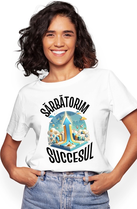 Tricou Femei Sarbatorim succes, nava spatiala decolare afacere cu imprimeu pe Fata, 100% Bumbac, Alb, M