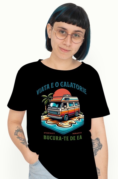 Tricou Femei viata e o calatorie bucura-te de ea natura cu imprimeu pe Fata, 100% Bumbac, Negru, M