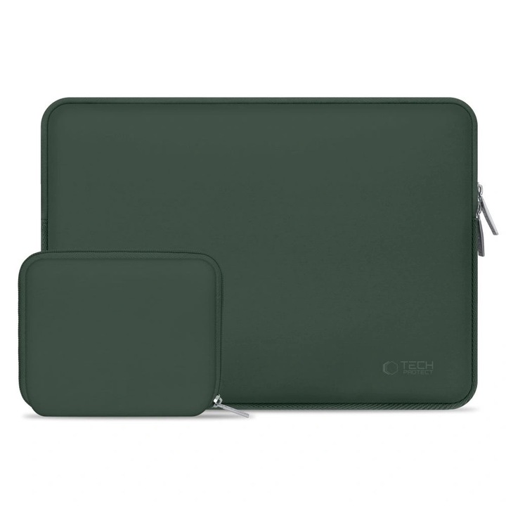 Etui laptop Tech-Protect, cu mini etui, 13-14 inch, verde inchis, dimensiuni 36x26x1,8cm si 15,5x13,3x1,5cm