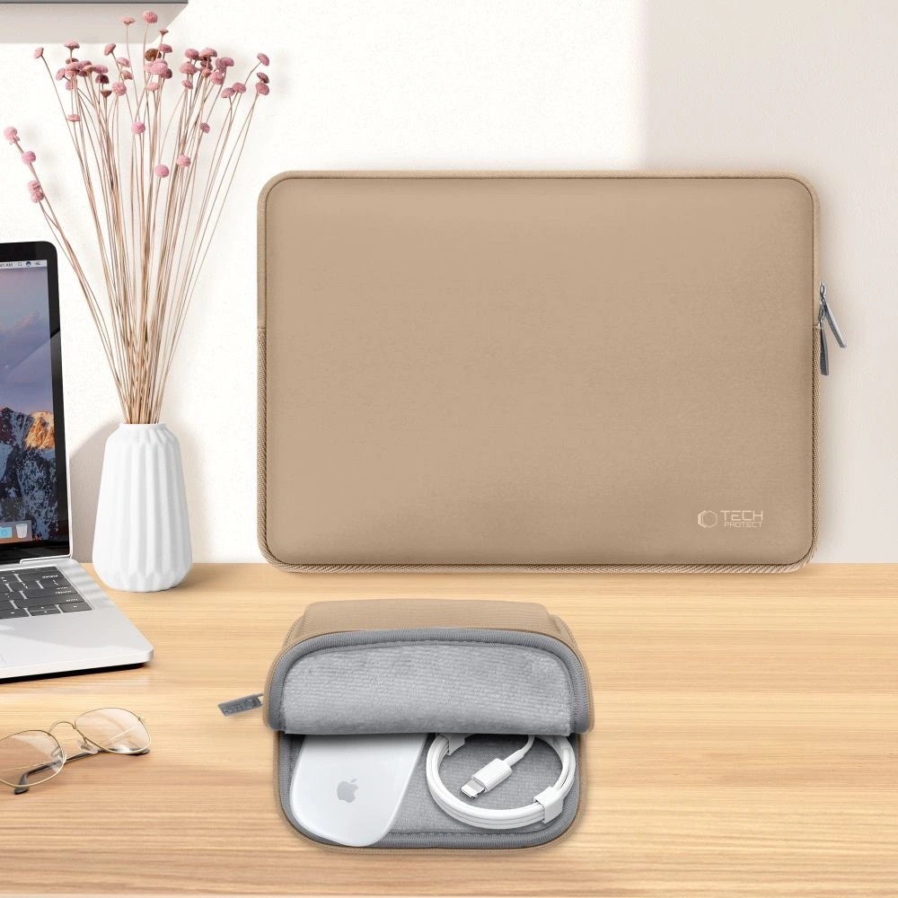 Etui laptop Tech-Protect, cu mini etui, 13-14 inch, neopren, 36x26x1,8cm, Caffe Latte