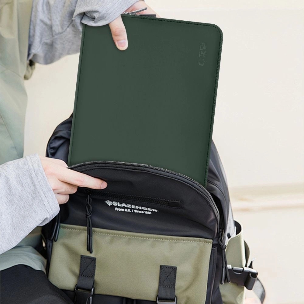 Etui laptop Tech-Protect, cu mini etui, 13-14 inch, verde inchis, dimensiuni 36x26x1,8cm si 15,5x13,3x1,5cm