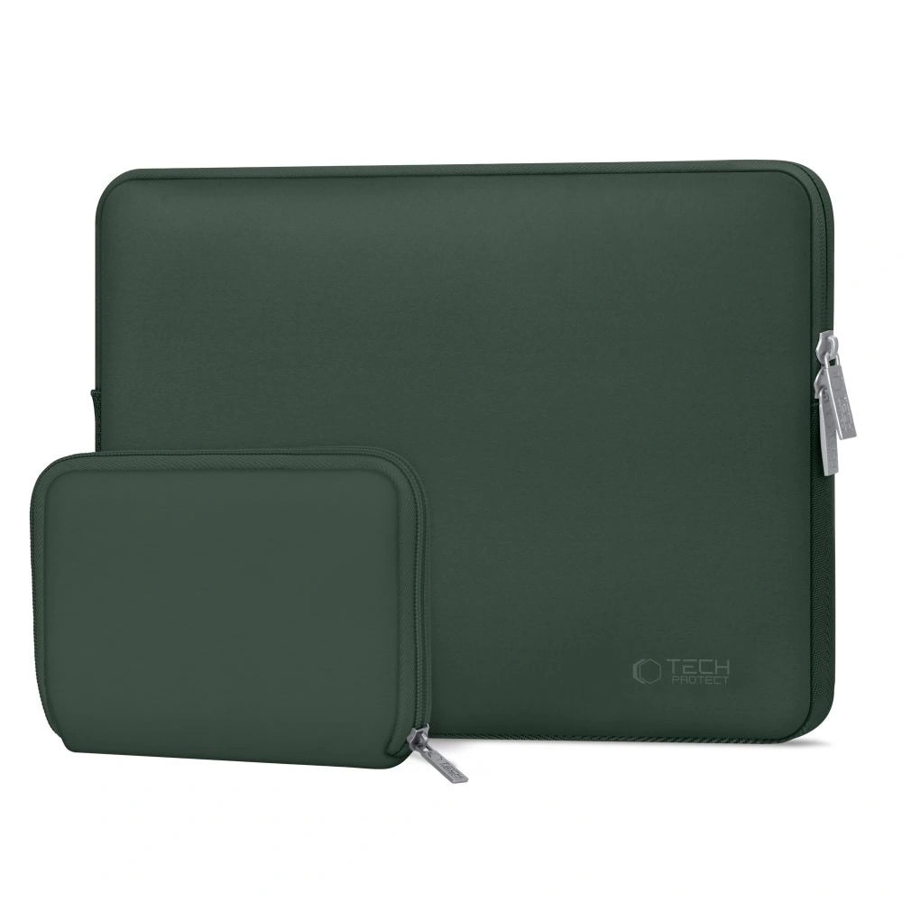 Etui laptop Tech-Protect, cu mini etui, 13-14 inch, verde inchis, dimensiuni 36x26x1,8cm si 15,5x13,3x1,5cm