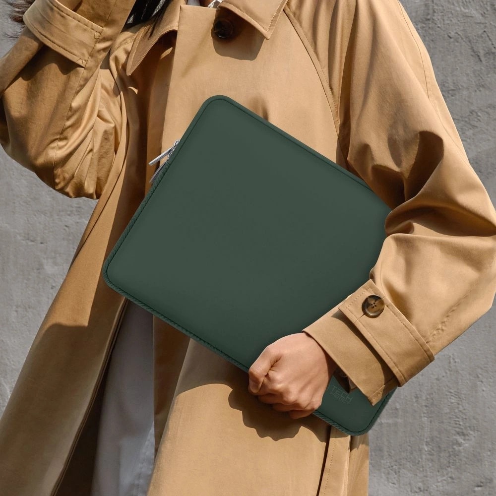 Etui laptop Tech-Protect, cu mini etui, 13-14 inch, verde inchis, dimensiuni 36x26x1,8cm si 15,5x13,3x1,5cm