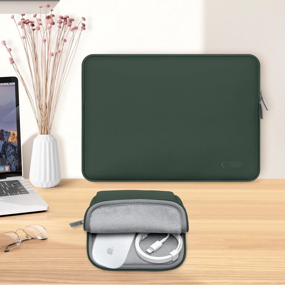 Etui laptop Tech-Protect, cu mini etui, 13-14 inch, verde inchis, dimensiuni 36x26x1,8cm si 15,5x13,3x1,5cm