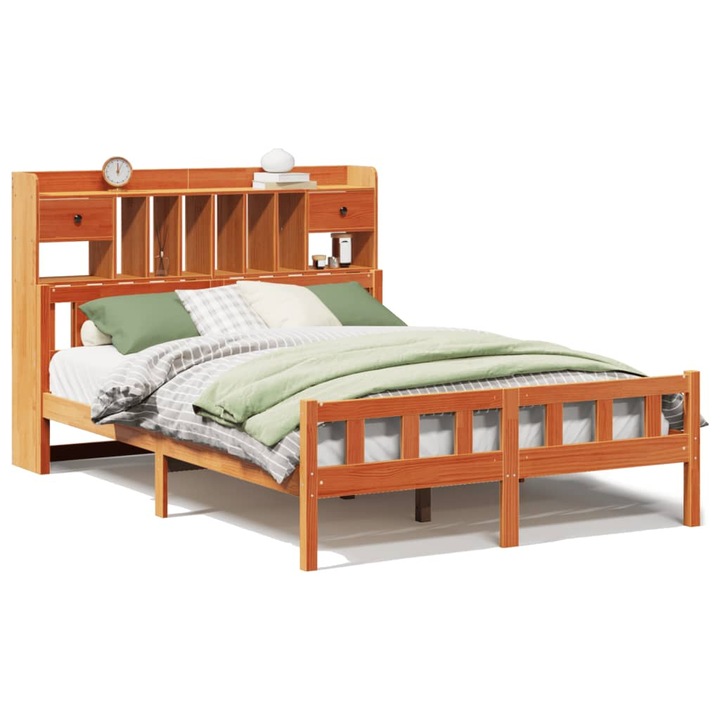vidaXL barna tömör fenyőfa könyvespolcos ágy matrac nélkül 150 x 200cm 3322191