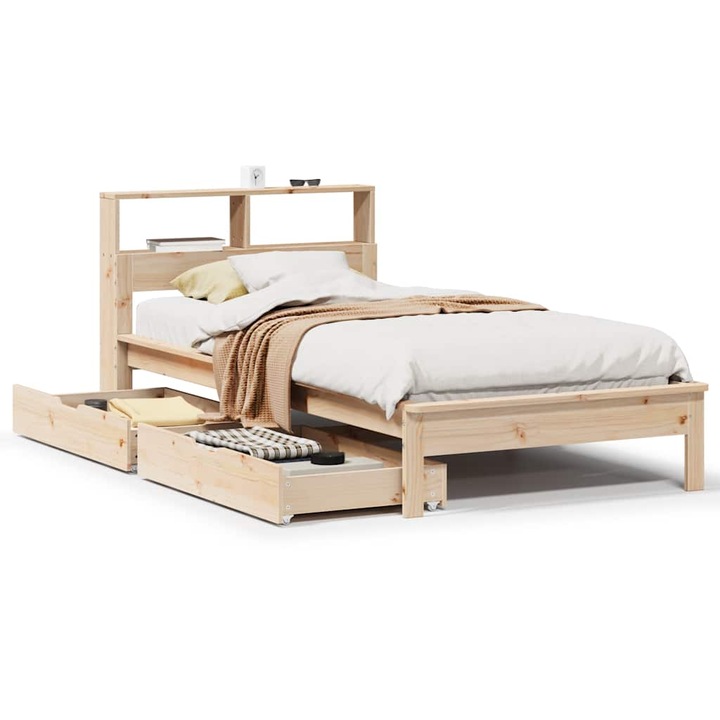 Pat cu biblioteca fara saltea vidaXL, 75x190 cm, lemn masiv de pin, 26.3 kg 3309833