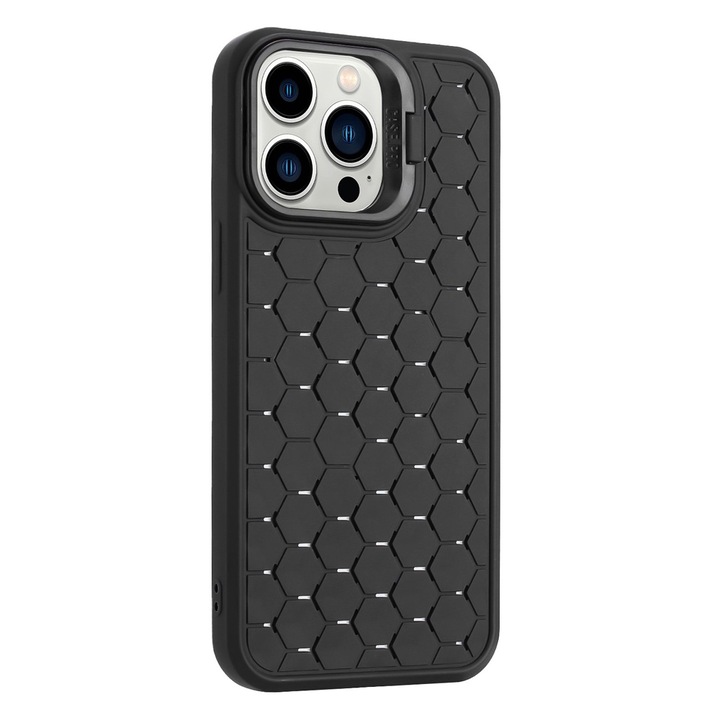 Защитен капак Commando Smart Protect, съвместим с iPhone 15 Pro Max, повдигнати ръбове, двойна защита на зоната на камерата, охлаждащ ефект, вграден Magsafe, опора за стойка, изключително мек силикон, черен