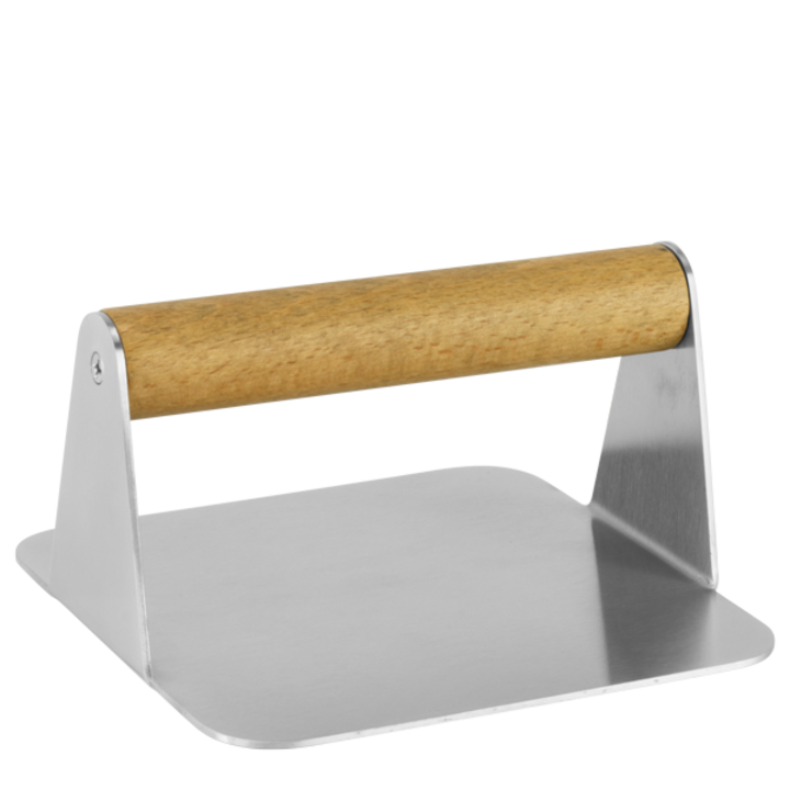 Преса за бургер HORECANO, с дървена дръжка, 14x14cm, Квадрат, инокс