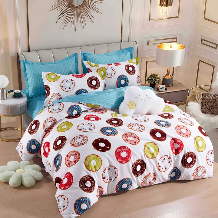 Set lenjerie de pat EmonaMall S16965, cu doua fete, 4 huse, 6 bucati, alb/turcoaz