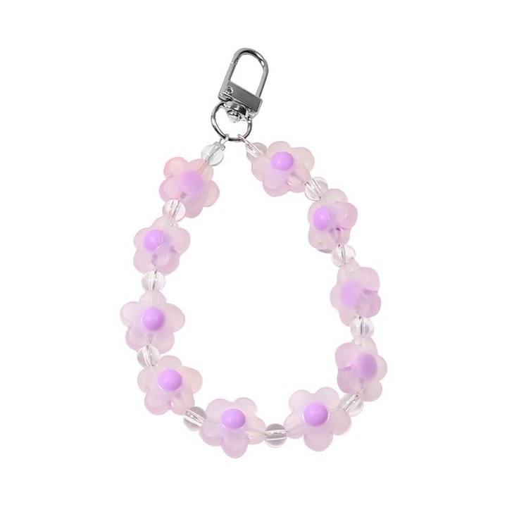 Virágos kulcstartó, mobiltelefon nyakpánt dekoráció, táska medál, lila