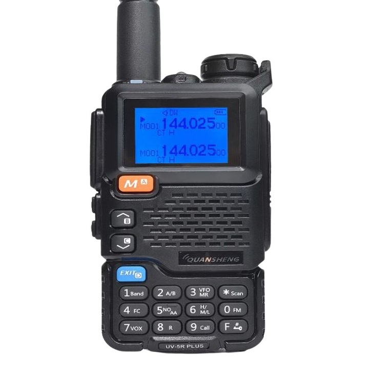 Професионална радиостанция Quansheng UV-5R PLUS, Хендсфри модел THK, водо- и прахоустойчива, двулентова, UHF/VHF/морска/аеронавигационна, черна
