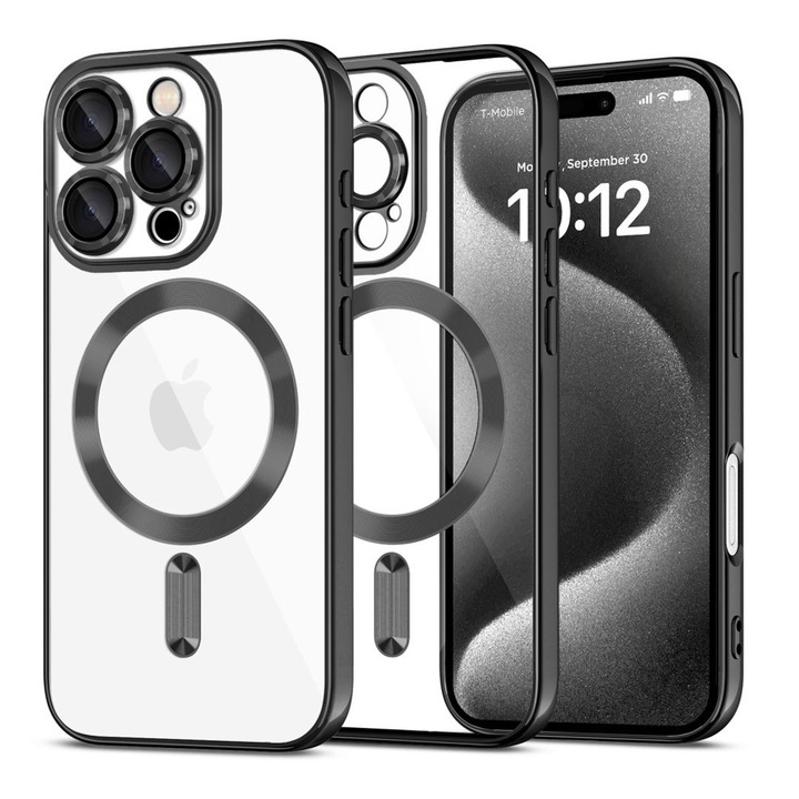 Husa de Protectie GemstoneClear MagSafe pentru Apple iPhone 16 Pro, OPTIM SOLUTION, Strong Magnet, Fast Charging, AntiShock, ProCore Tech, Decupaje Precise, Metallic Detailing Design, Negru/Clear