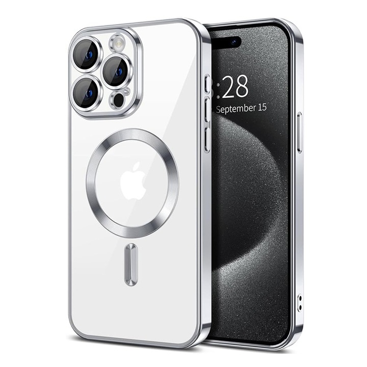 Husa de Protectie GemstoneClear MagSafe pentru Apple iPhone 16 Pro Max, OPTIM SOLUTION, Strong Magnet, Fast Charging, AntiShock, ProCore Tech, Decupaje Precise, Metallic Detailing Design, Argintiu/Clear