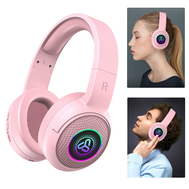 Безжични Bluetooth слушалки Over-Ear, SDLOGAL, активно шумопотискане, голям бас, бързо зареждане, автономия 90 часа, розови