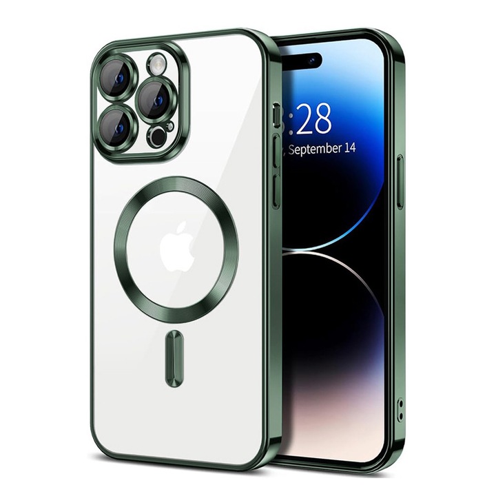 Husa de Protectie GemstoneClear MagSafe pentru Apple iPhone 16 Pro Max, OPTIM SOLUTION, Strong Magnet, Fast Charging, AntiShock, ProCore Tech, Decupaje Precise, Metallic Detailing Design, Verde inchis/Clear