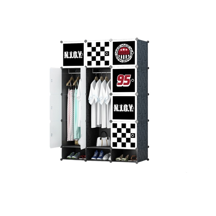 Dulap modular pentru copii, negru, AT PERFORMANCE®, 12 rafturi, durabil, 110X47X163 cm