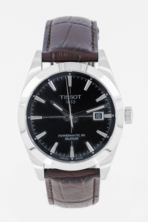 Tissot, Ceas automatic din otel inoxidabil cu o curea din piele, Argintiu, Maro inchis