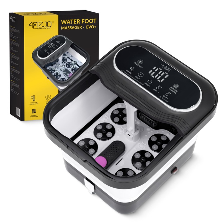 Aparat de masaj cu apa pentru picioare si picioare EVO+, 4FIZJO, hidromasaj pliabil, spa relaxant acasa, babel relaxant, optiunea de a incalzi apa, capete de masaj independente putere 500 W, alb si negru