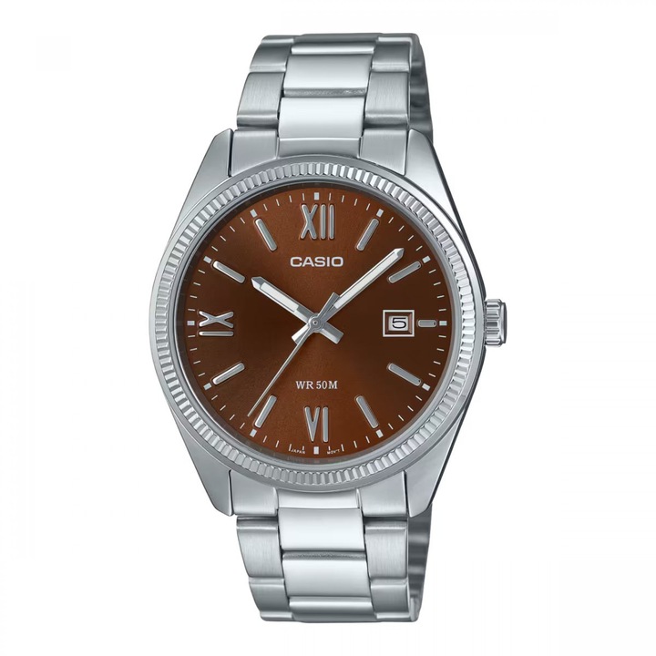 Ceas bărbaresc Casio, MTP-1302DD-5A, brun, mecanism quartz, brățară inox, 44.2x38.5mm