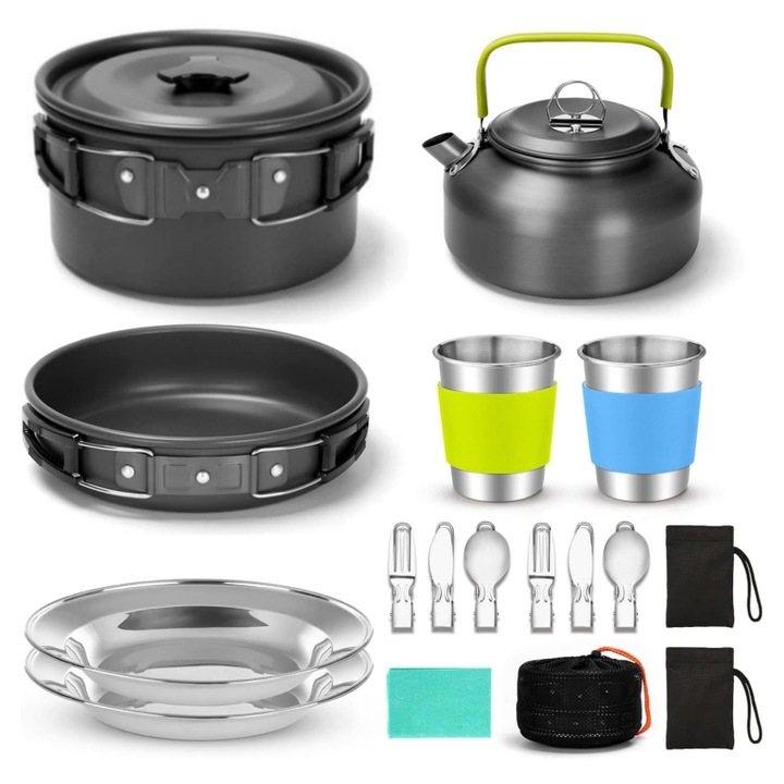 Set complet camping pentru gatit, 17 piese, Set oale pentru camping, din aluminiu, 2 oale, 1 ceainic, cu manere pliabile, cutit, furculita si lingura pliabile din otel inoxidabil, negru-verde