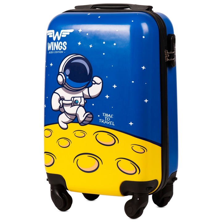 Детски куфар XS Wings Astronaut KD01, Поликарбонат, 4 подвижни колела, 50 см, Син