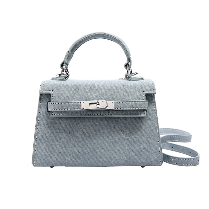 Дамска чанта Kelly, компактен размер, PU кожа, комплект с регулируема презрамка, светлосин