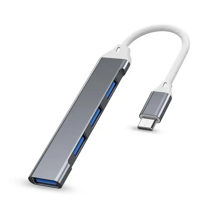 4 в 1 USB хъб, USB 3.0 OTG адаптер за докинг станция за телефон, компютър, лаптоп, компютърен хъб (USB-C, сив)