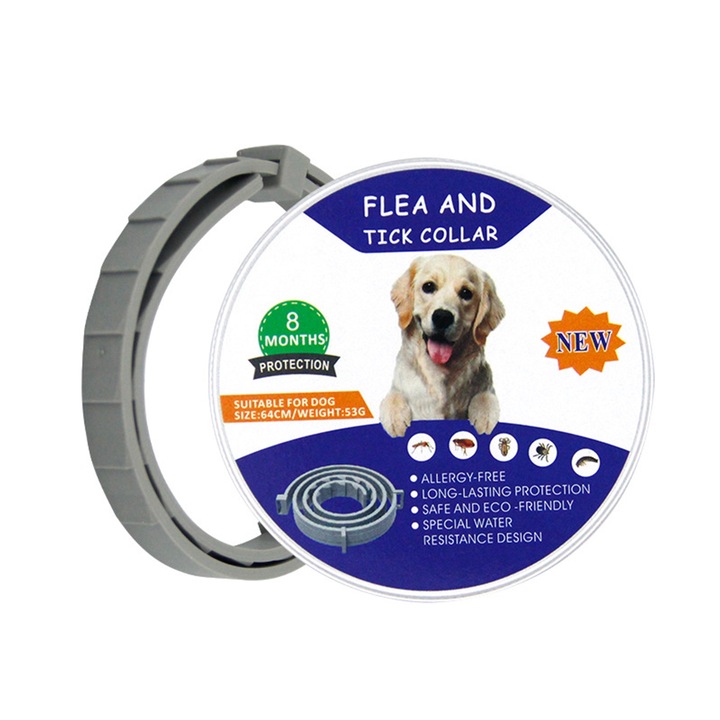 Zgarda Antiparazitara pe Baza de Uleiuri din Plante, SINBINTA, pentru purici si capuse, protectie pana la 8 luni pentru caini si pisici talie mica, fara alergeni, Impermeabil si rezistent la rupere, Anti-alunecare, Silicon, 64cm, Gri