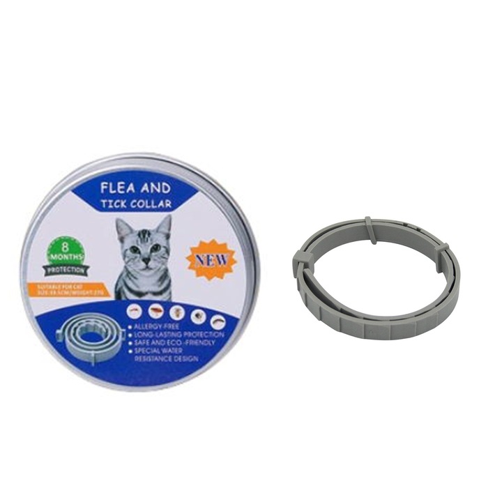 Zgarda Antiparazitara pe Baza de Uleiuri din Plante, SINBINTA, pentru purici si capuse, protectie pana la 8 luni pentru caini si pisici talie mica, fara alergeni, Impermeabil si rezistent la rupere, Anti-alunecare, Silicon, 38cm, Gri