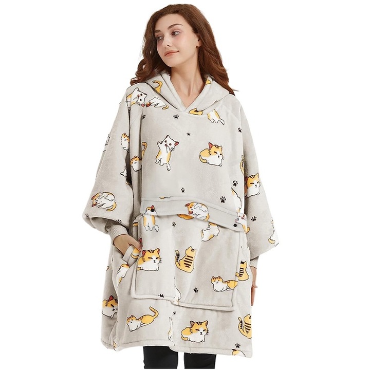 Patura purtabila pentru adulti Hanorac Sherpa cu model complet Pisica Hanorac supradimensionat Patura cu buzunare (lungime 96 cm)
