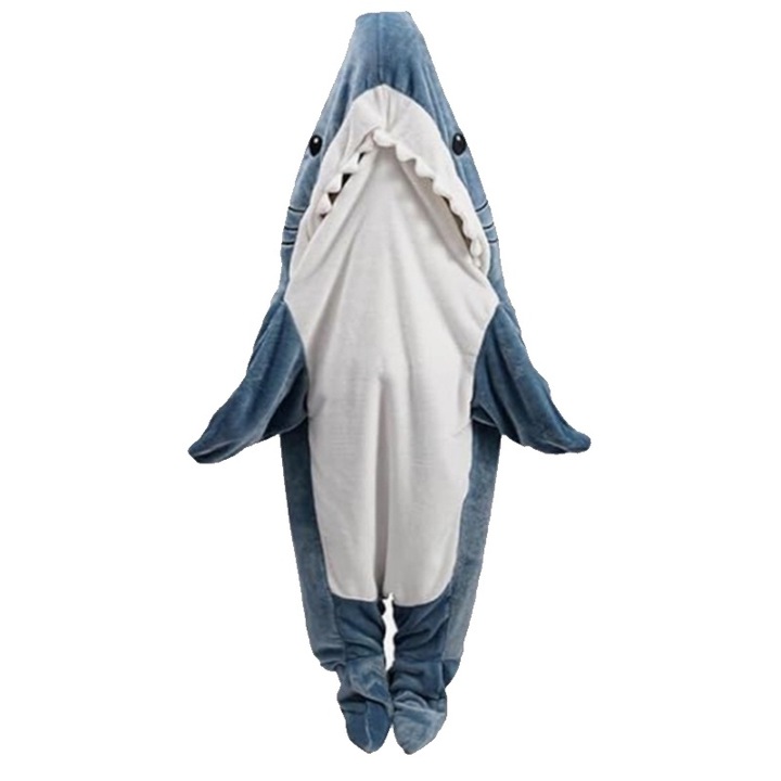 Одеяло за възрастни с качулка с акула, носимо одеяло с акула, спален чувал с акула, меко и удобно облекло за акули (височина под 155 см)