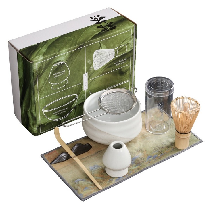 Комплект за матча, A003, бамбук/керамика, 7 части, бял/кафяв