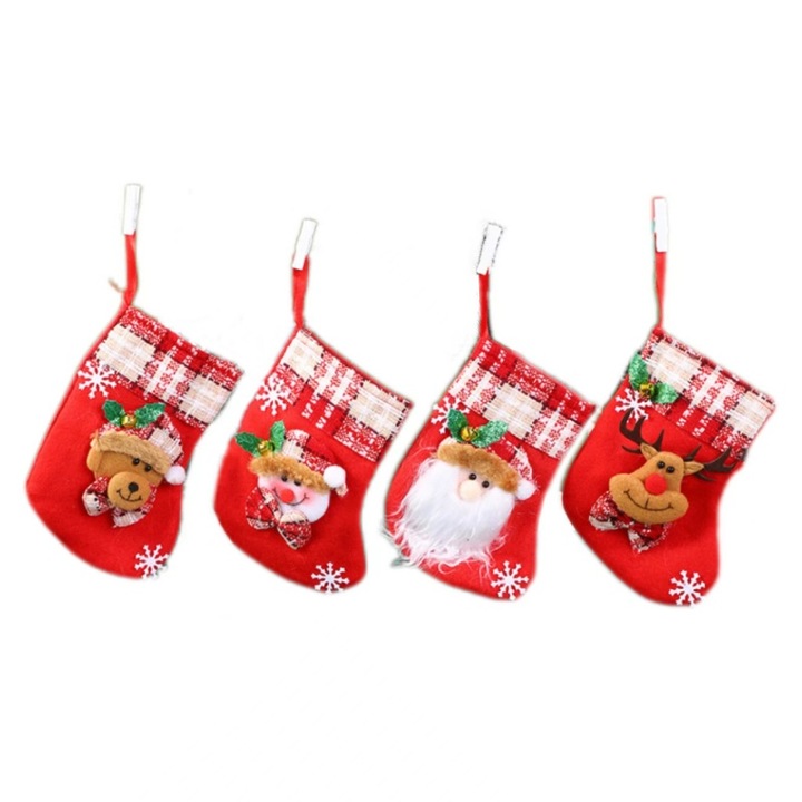 Set 4 ciorapei de Craciun 3D, Mos Craciun, urs de Craciun, om de zapada, ren, din fetru, 17 cm, visiniu deschis