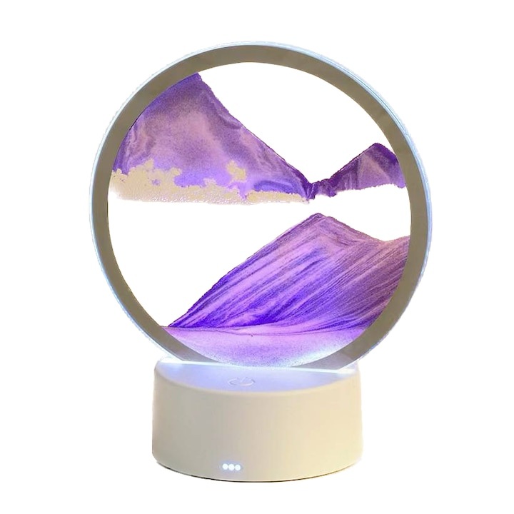 Lampa decorativa tip clepsidra, cu nisip miscator, baza RGB, telecomanda, alimentare USB sau baterii, EMATTERIO®, 20cm, mov