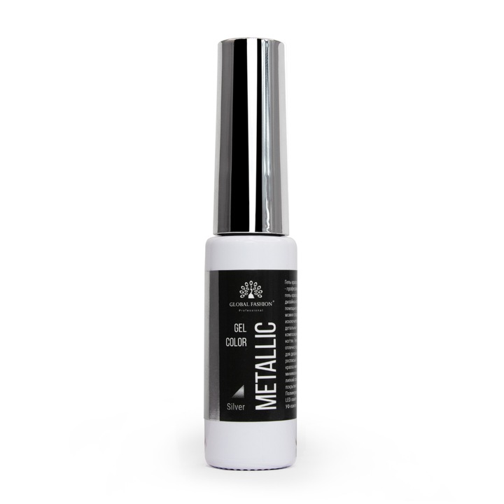 Gélfesték finom ecsettel METALIC GEL, tükörhatású, Global Fashion, EZÜST, 10 ml