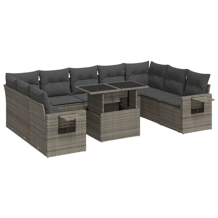 Set mobilier de gradina cu perne vidaXL, 10 piese, gri, poliratan, 3326541