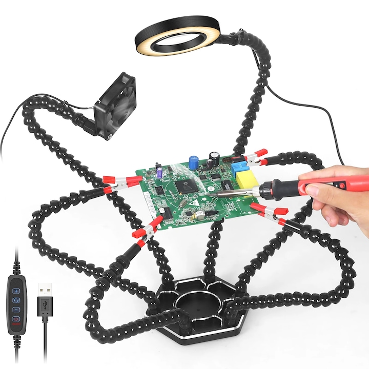 Suport de sudare multifunctional WALALLA, cu lupa 3X, racitor, 4 brate flexibile, negru